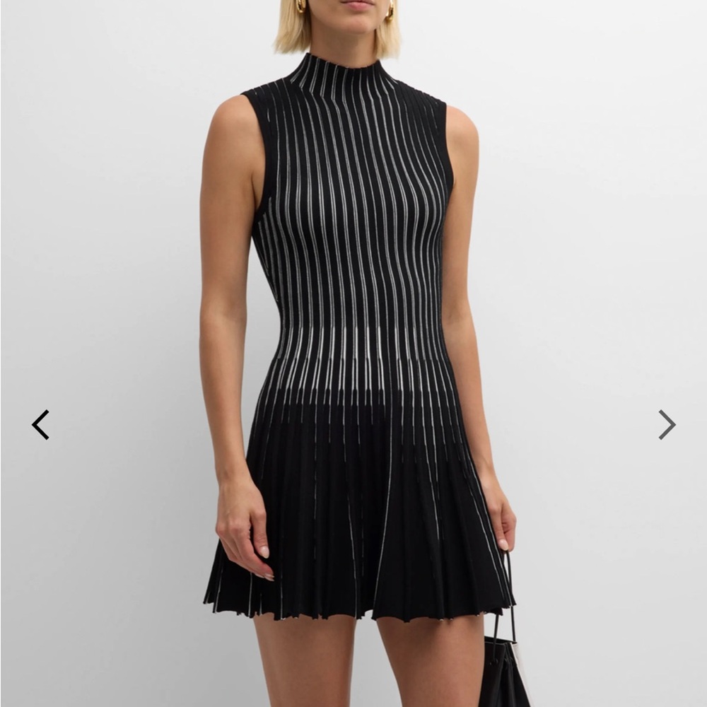 MILLY Pleated Mock-Neck Striped Mini Dress - Picture 3 of 5